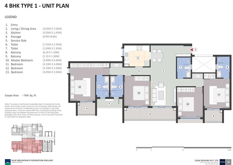 4 BHK Type 1 unit plan with room dimensions